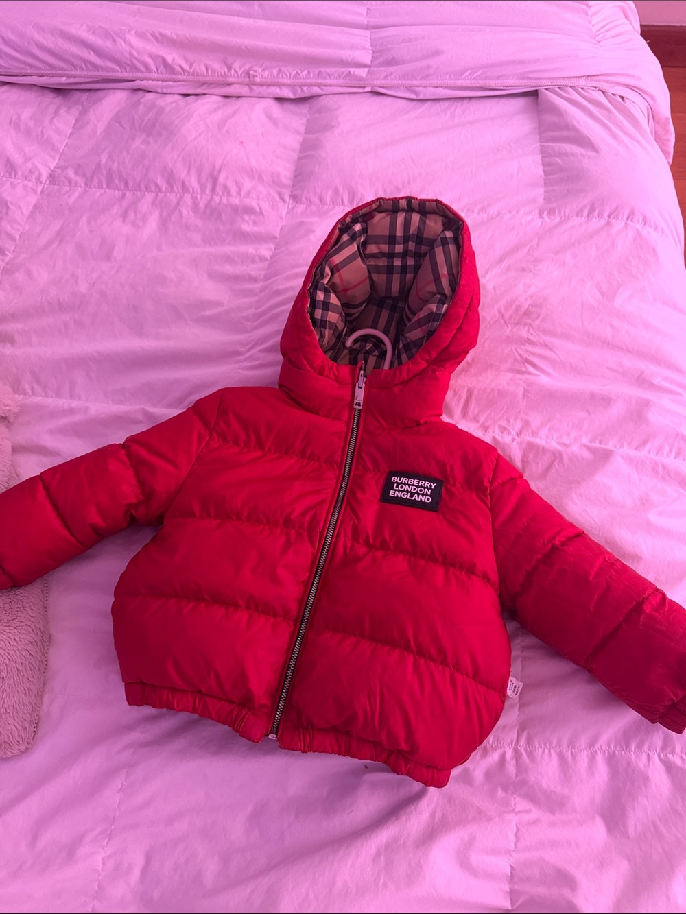 Burberry Kids Red Hooded Puffer with Signature Check Lining